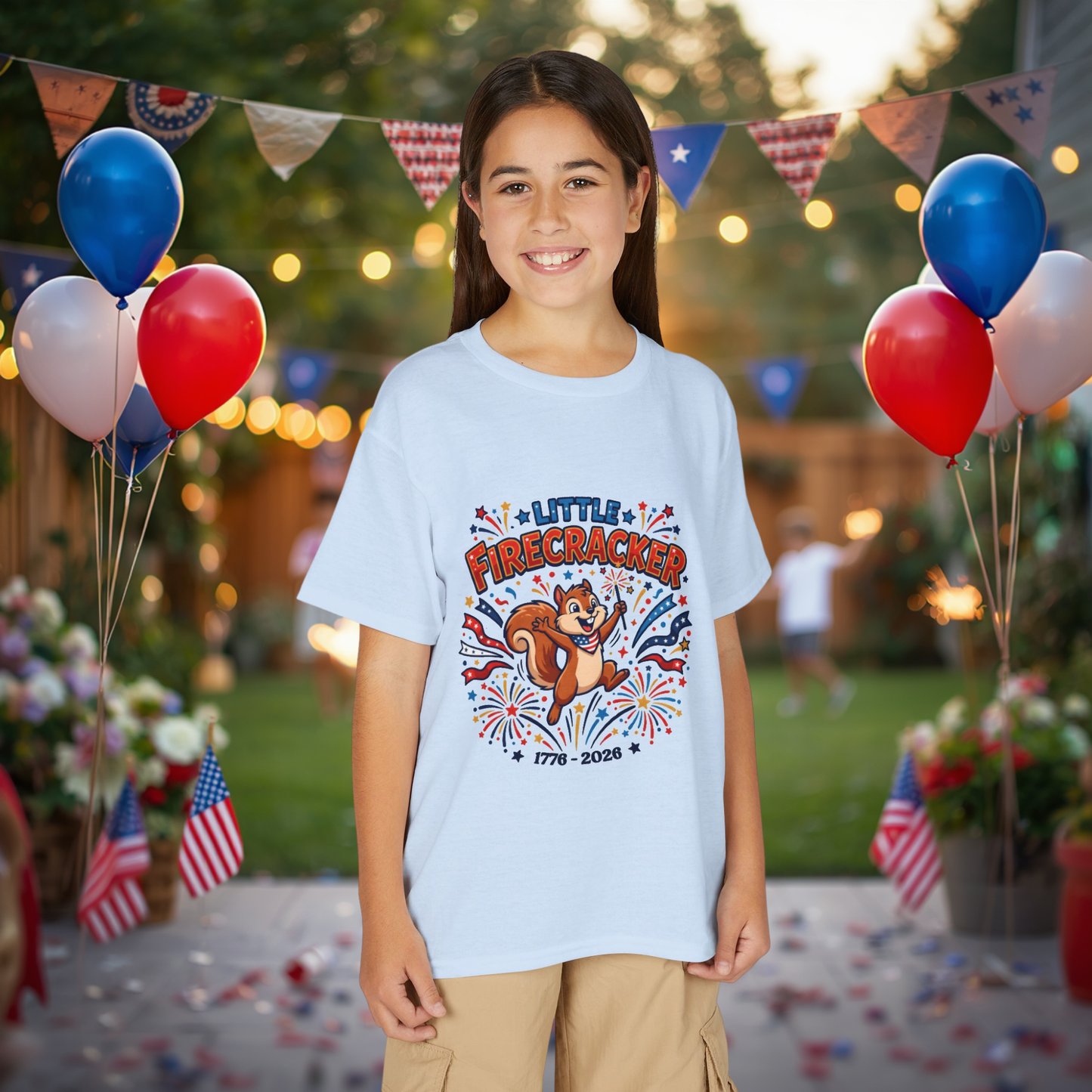 Kids "Little Firecracker" T-Shirt — Patriotic Fireworks Squirrel Tee, 4th of July Gift