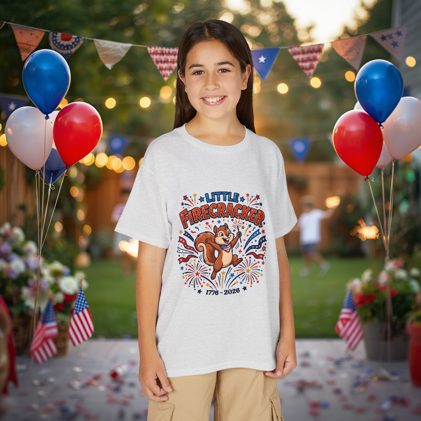 Kids "Little Firecracker" T-Shirt — Patriotic Fireworks Squirrel Tee, 4th of July Gift
