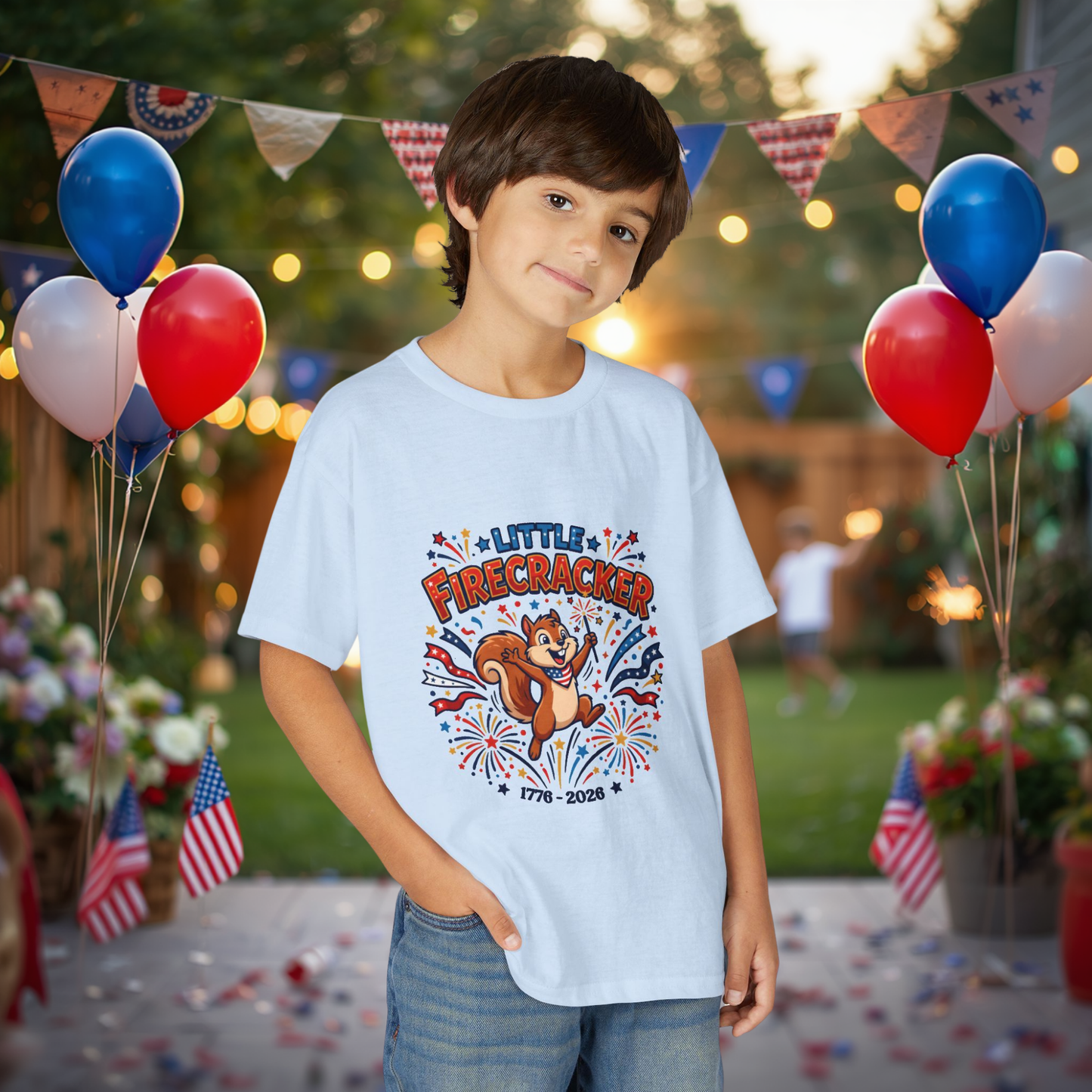 Kids "Little Firecracker" T-Shirt — Patriotic Fireworks Squirrel Tee, 4th of July Gift