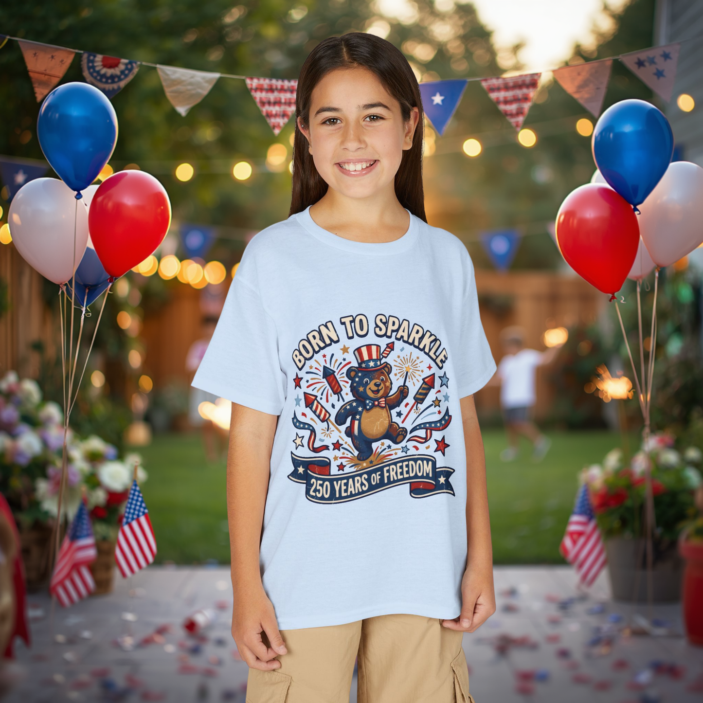 Patriotic Youth T-Shirt — "Born to Sparkle: 250 Years of Freedom" Patriotic Bear Tee
