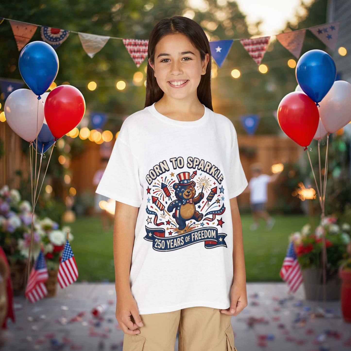Patriotic Youth T-Shirt — "Born to Sparkle: 250 Years of Freedom" Patriotic Bear Tee