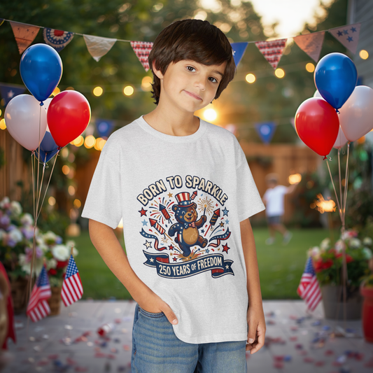 Patriotic Youth T-Shirt — "Born to Sparkle: 250 Years of Freedom" Patriotic Bear Tee