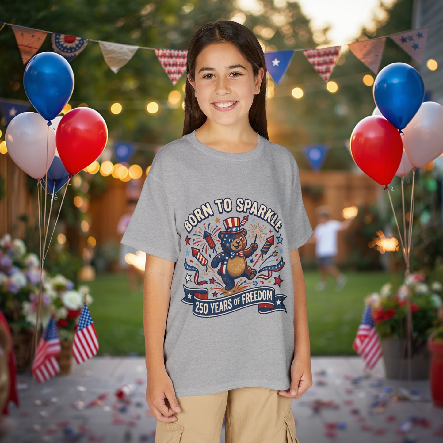 Patriotic Youth T-Shirt — "Born to Sparkle: 250 Years of Freedom" Patriotic Bear Tee