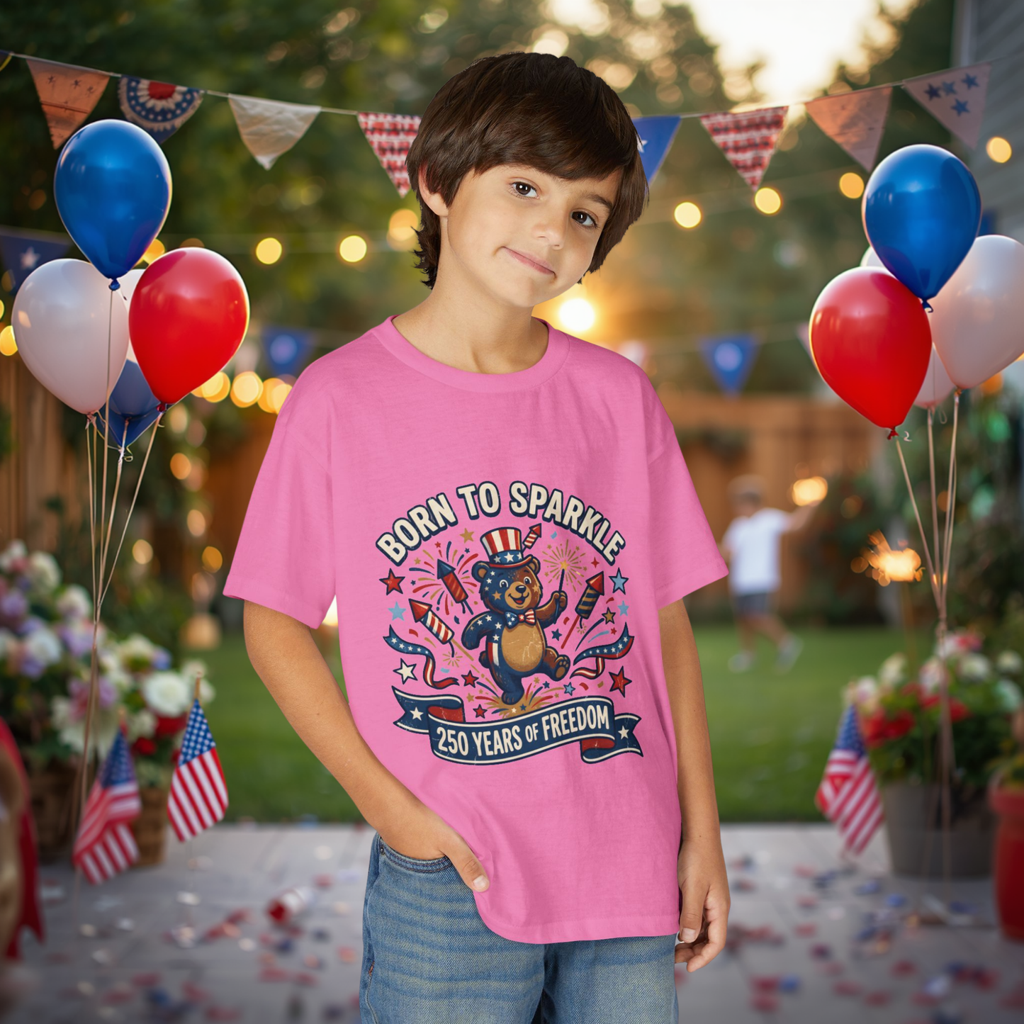 Patriotic Youth T-Shirt — "Born to Sparkle: 250 Years of Freedom" Patriotic Bear Tee