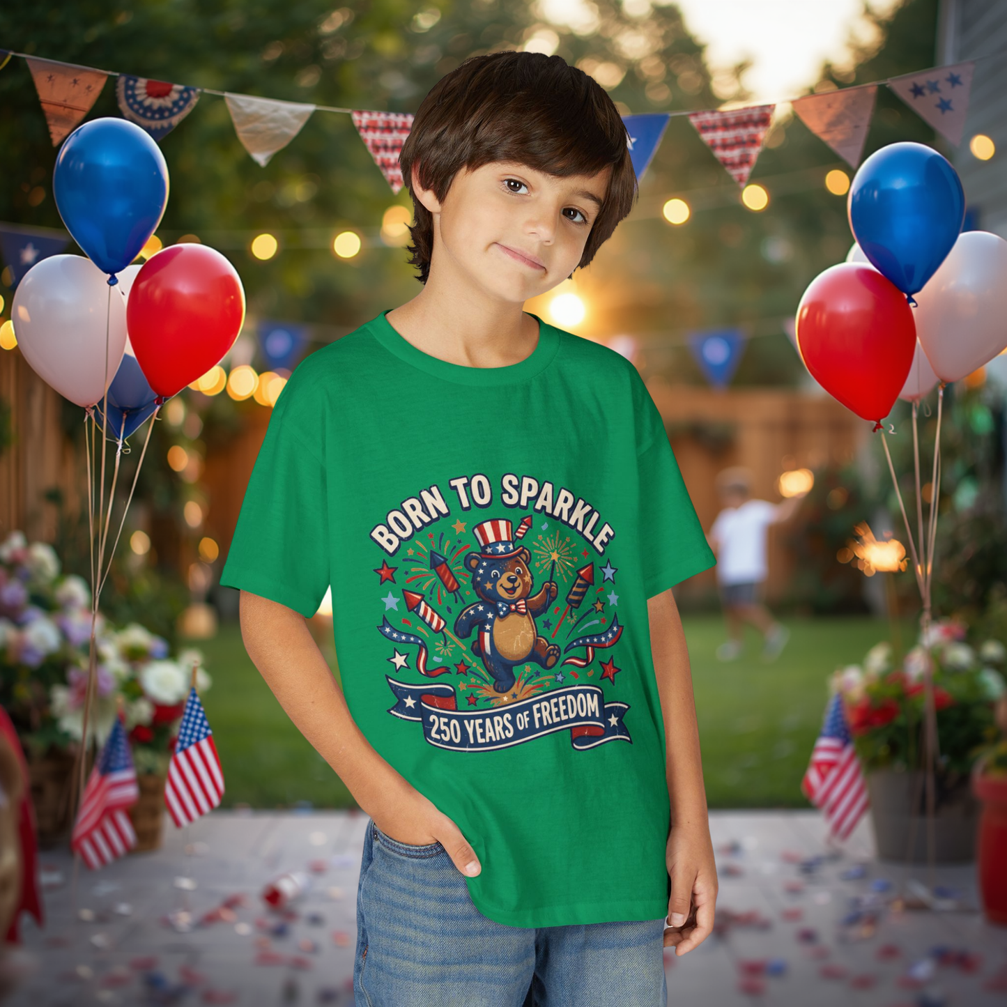 Patriotic Youth T-Shirt — "Born to Sparkle: 250 Years of Freedom" Patriotic Bear Tee