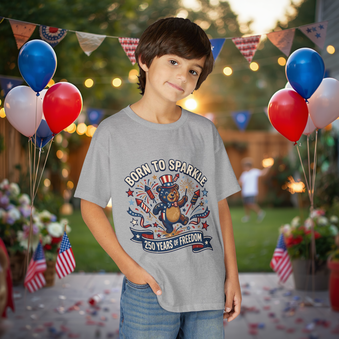 Patriotic Youth T-Shirt — "Born to Sparkle: 250 Years of Freedom" Patriotic Bear Tee
