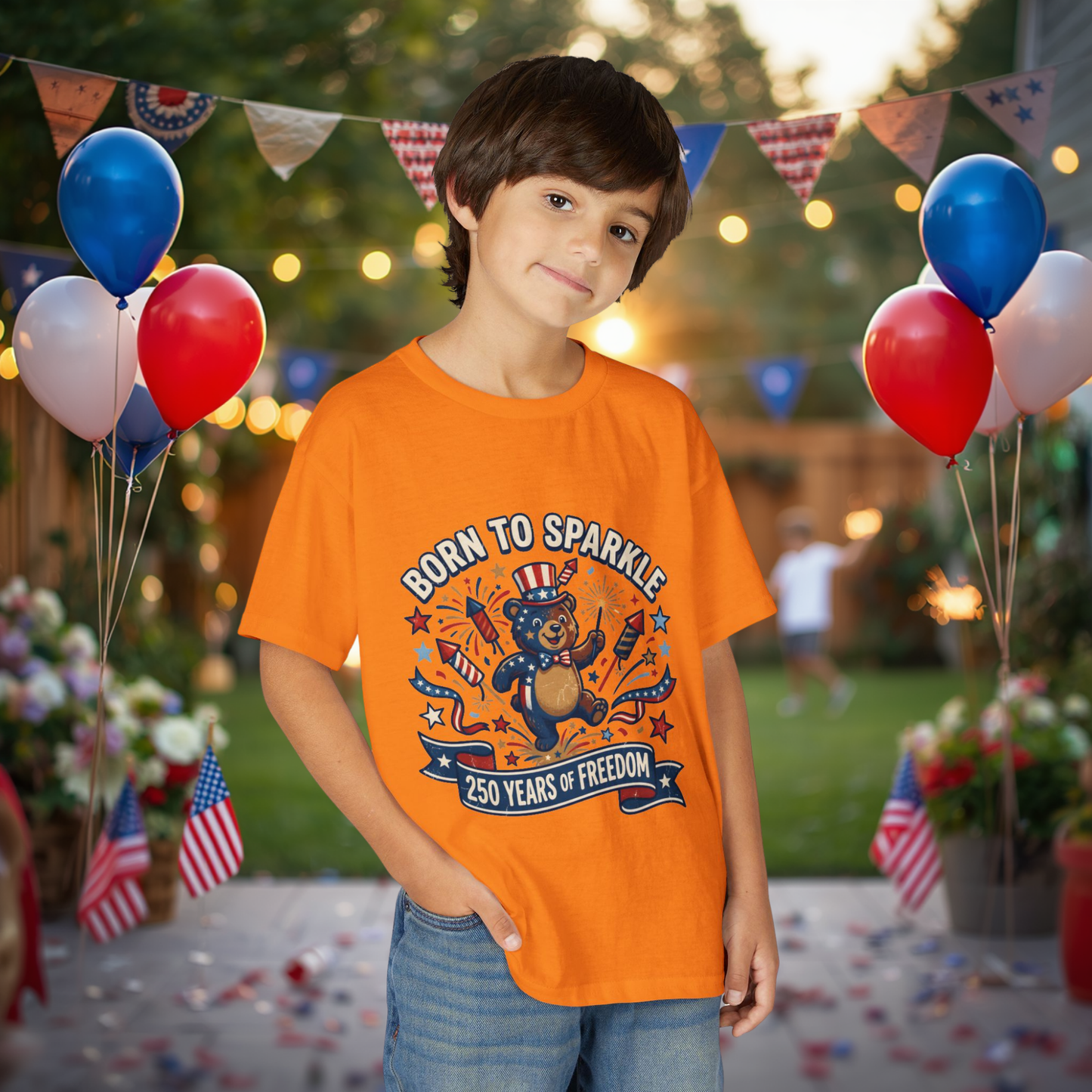 Patriotic Youth T-Shirt — "Born to Sparkle: 250 Years of Freedom" Patriotic Bear Tee