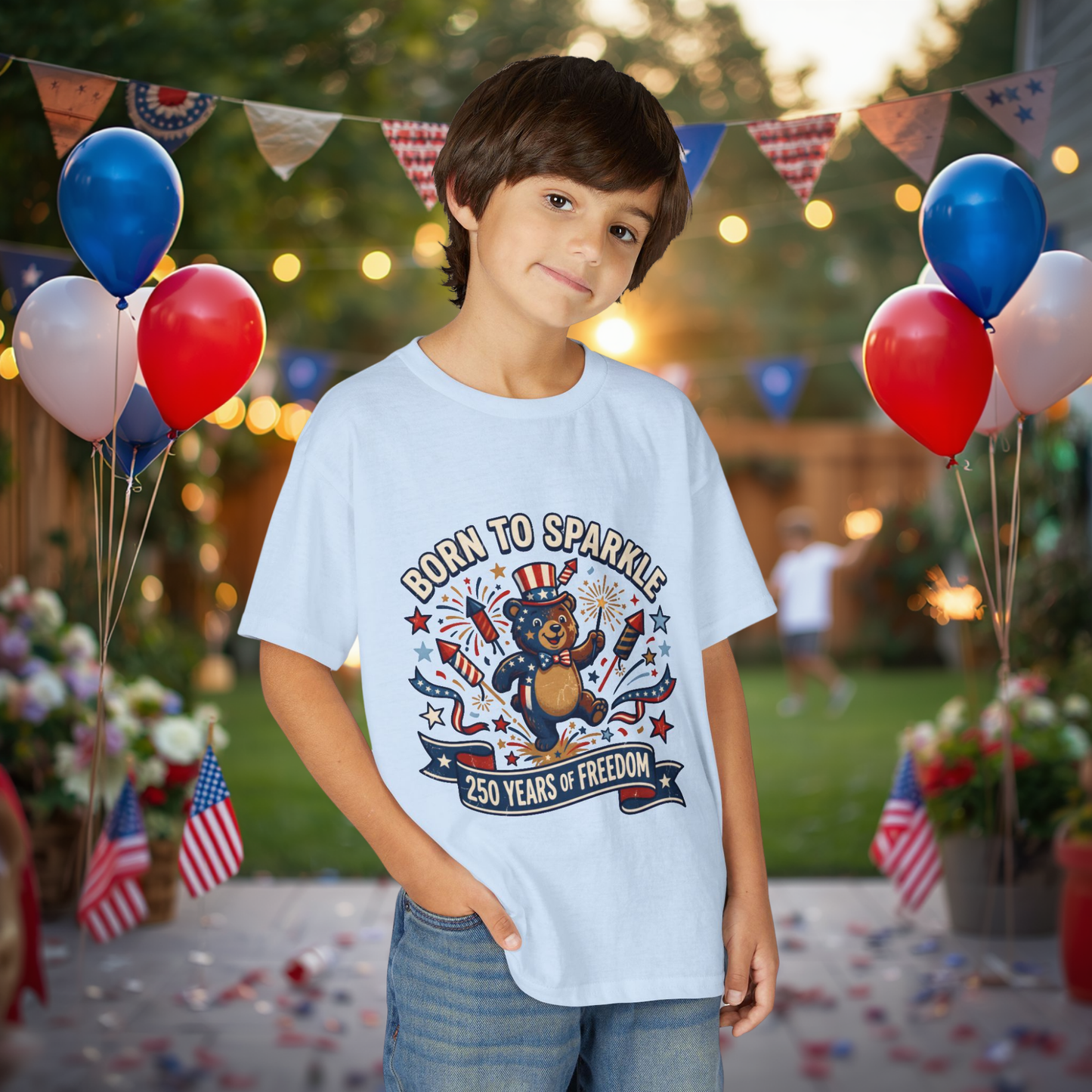 Patriotic Youth T-Shirt — "Born to Sparkle: 250 Years of Freedom" Patriotic Bear Tee