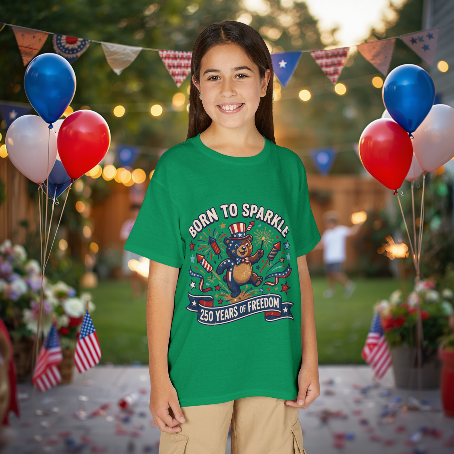 Patriotic Youth T-Shirt — "Born to Sparkle: 250 Years of Freedom" Patriotic Bear Tee