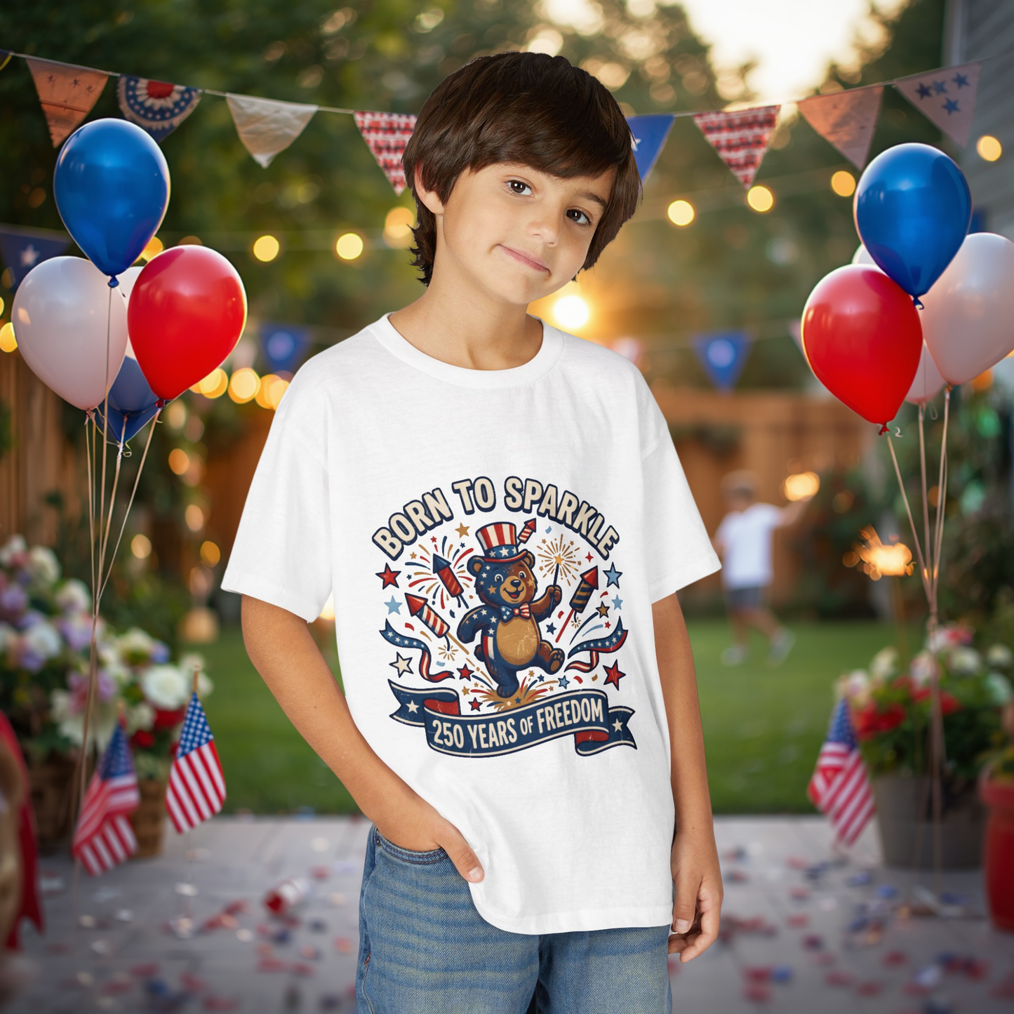 Patriotic Youth T-Shirt — "Born to Sparkle: 250 Years of Freedom" Patriotic Bear Tee