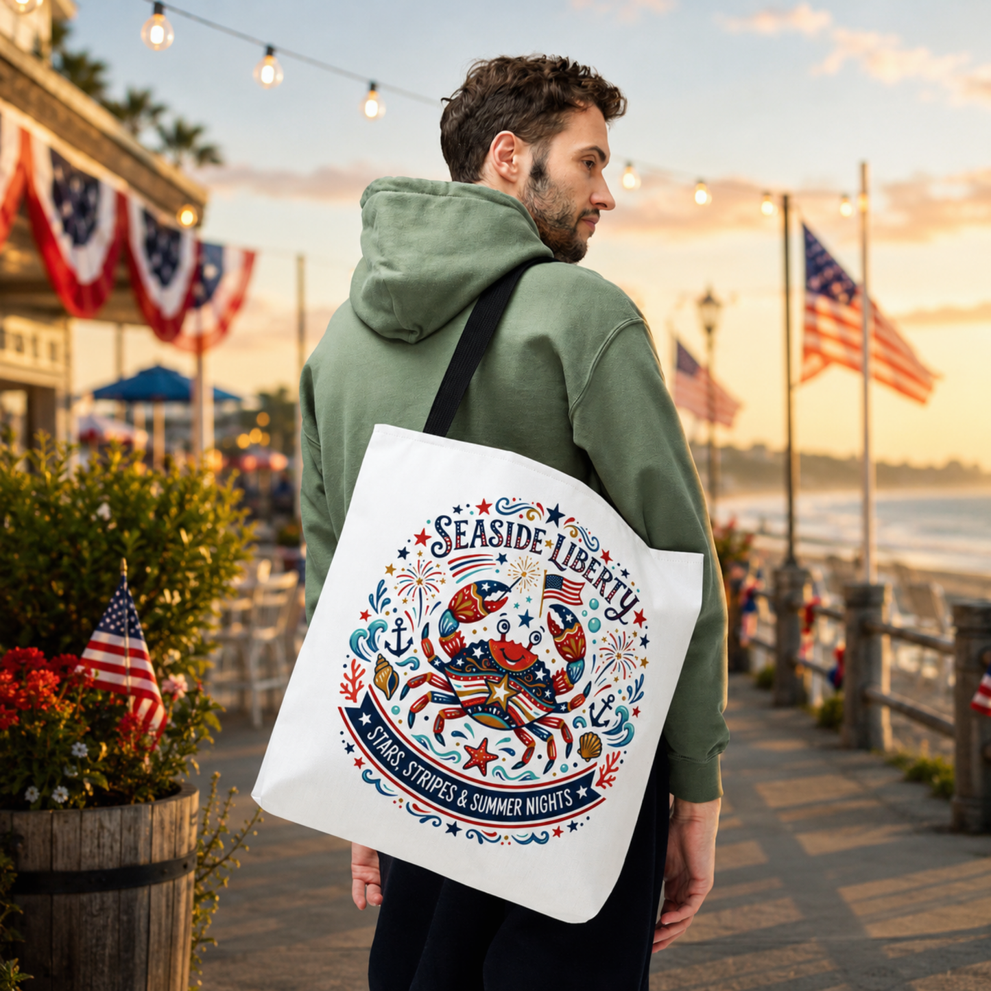 Seaside Liberty Tote Bag — 4th of July, Patriotic Bag "Stars, Stripes & Summer Nights"