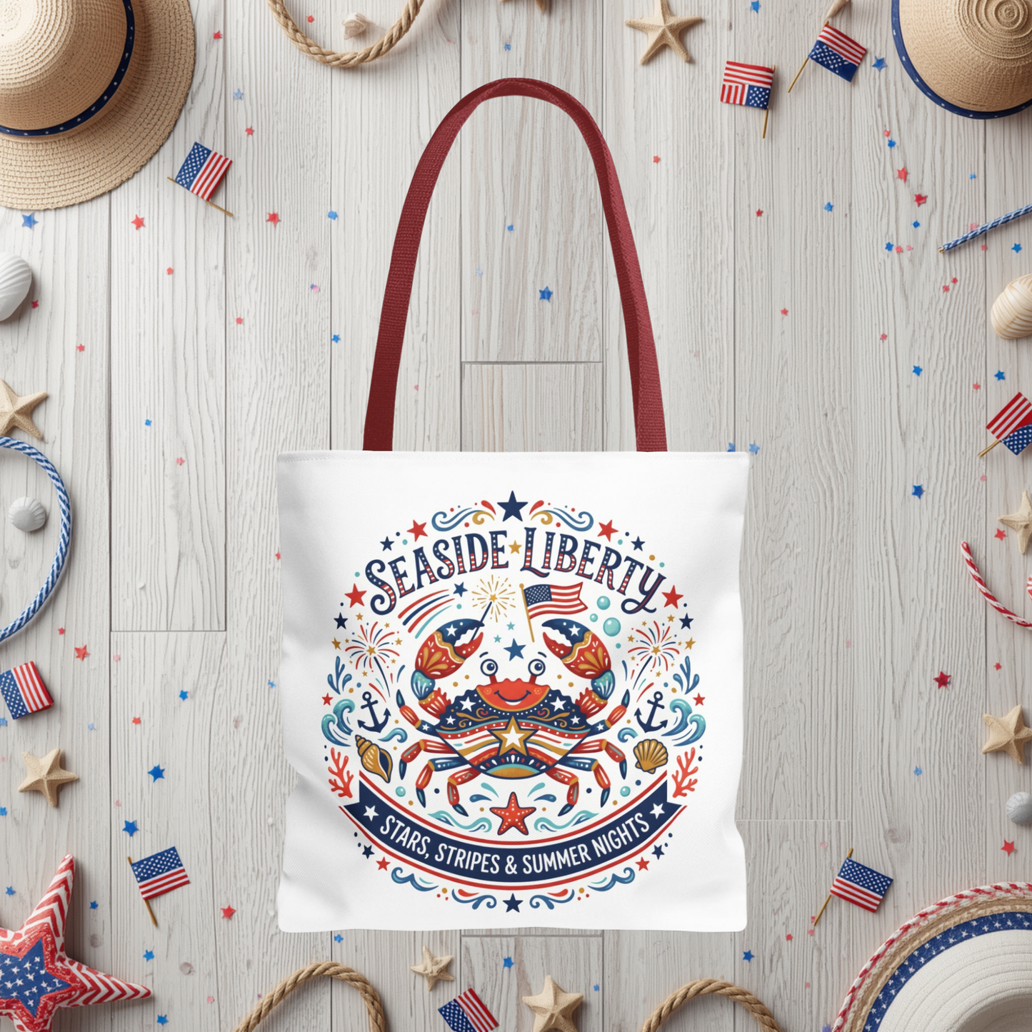 Seaside Liberty Tote Bag — 4th of July, Patriotic Bag "Stars, Stripes & Summer Nights"