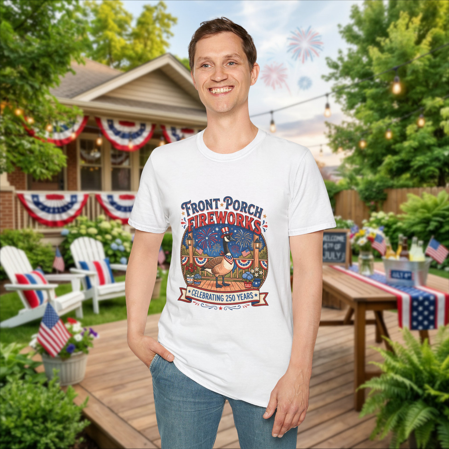 Front Porch Fireworks, Goose T-Shirt — Patriotic 4th of July Celebration Tee