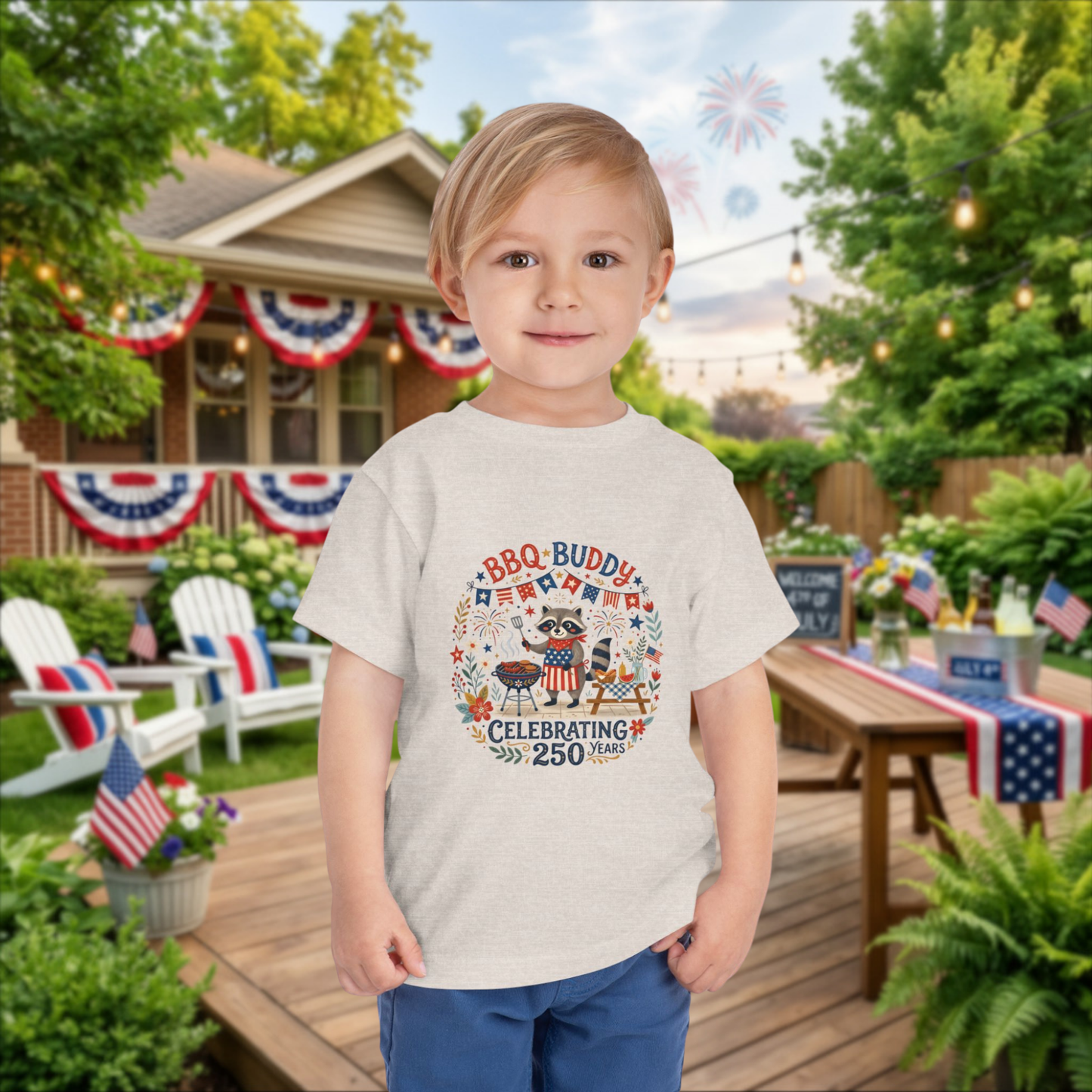 BBQ Buddy Toddler Tee - Celebrating 250 Years Patriotic Shirt for Kids, 4th of July Tee