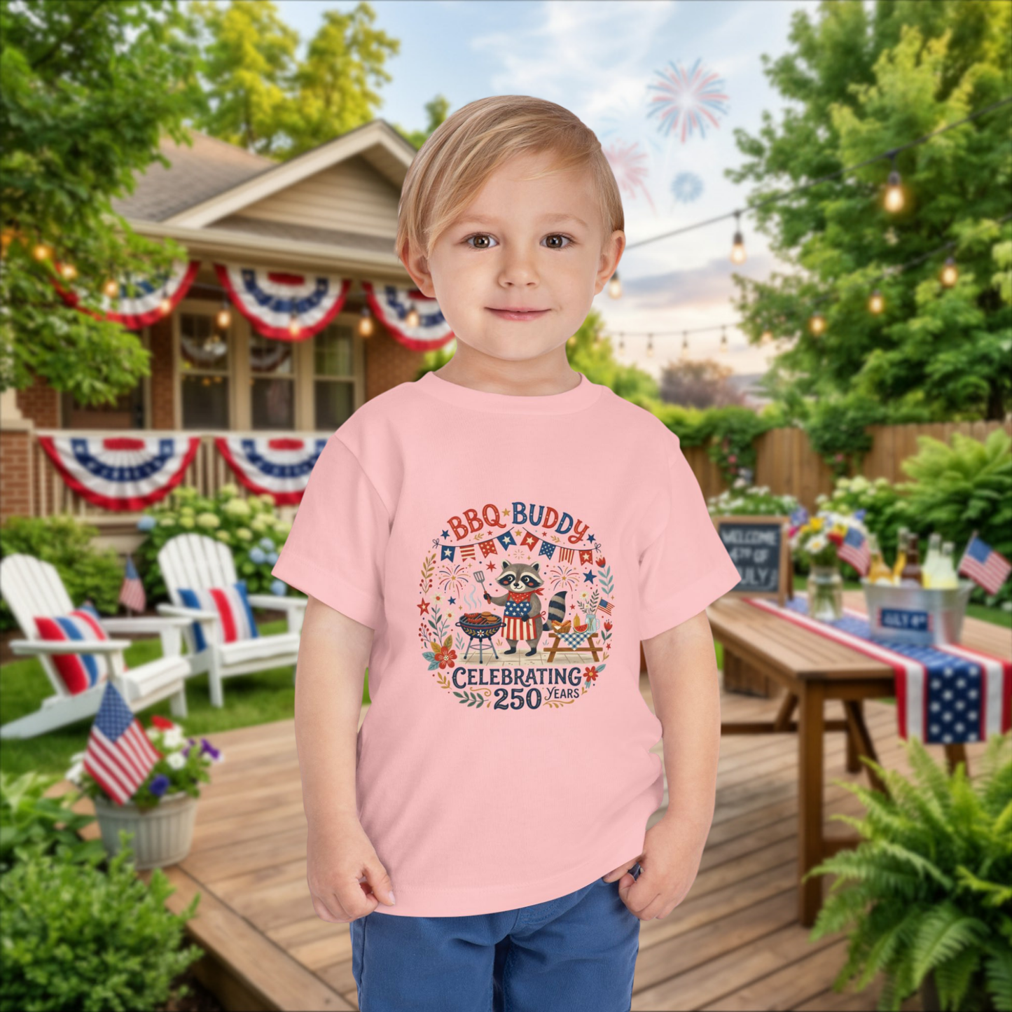 BBQ Buddy Toddler Tee - Celebrating 250 Years Patriotic Shirt for Kids, 4th of July Tee