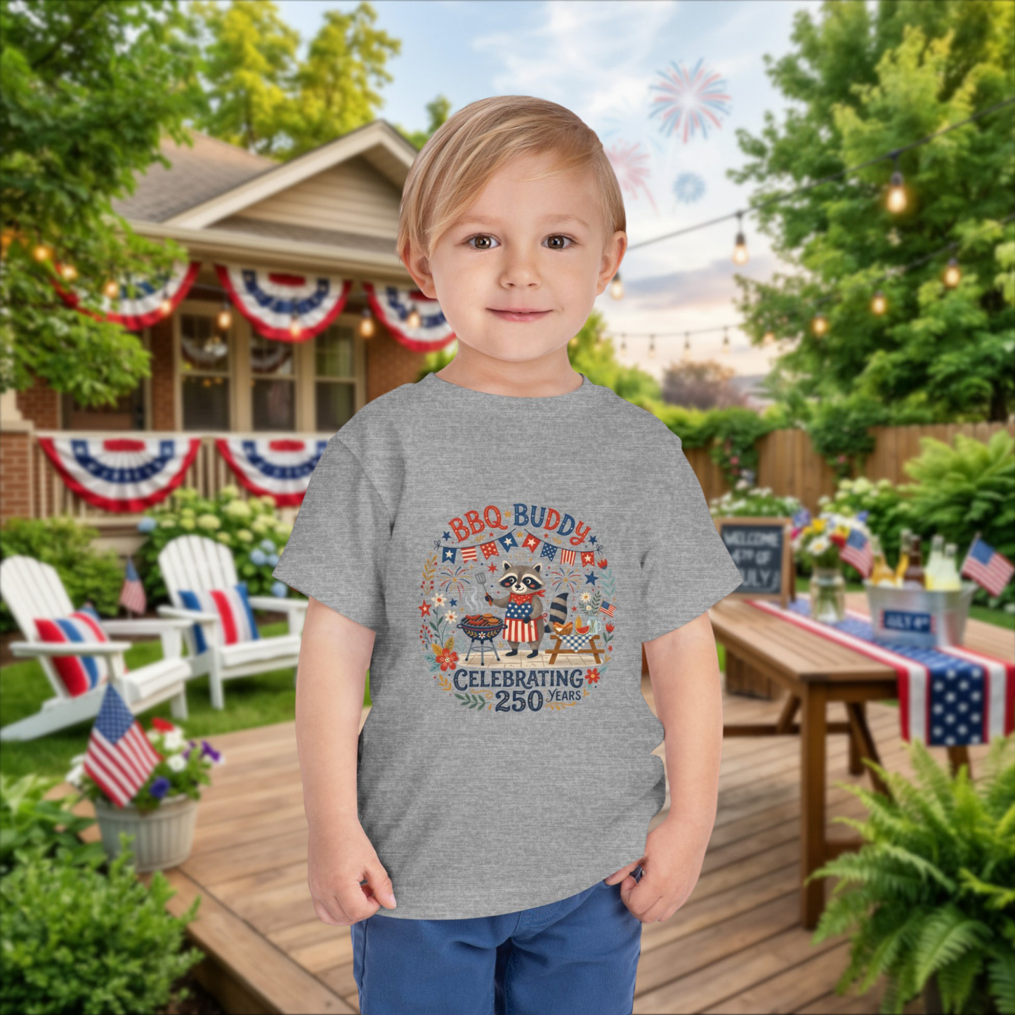 BBQ Buddy Toddler Tee - Celebrating 250 Years Patriotic Shirt for Kids, 4th of July Tee