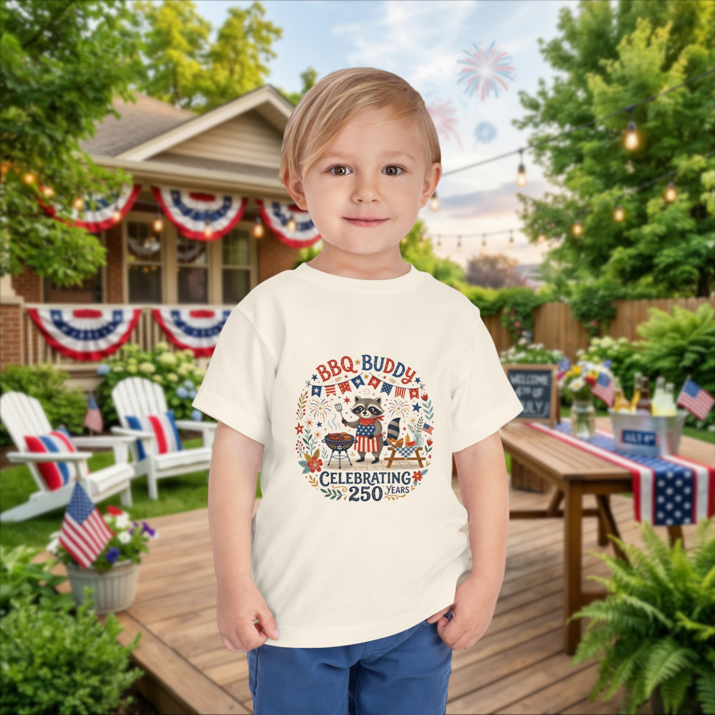 BBQ Buddy Toddler Tee - Celebrating 250 Years Patriotic Shirt for Kids, 4th of July Tee