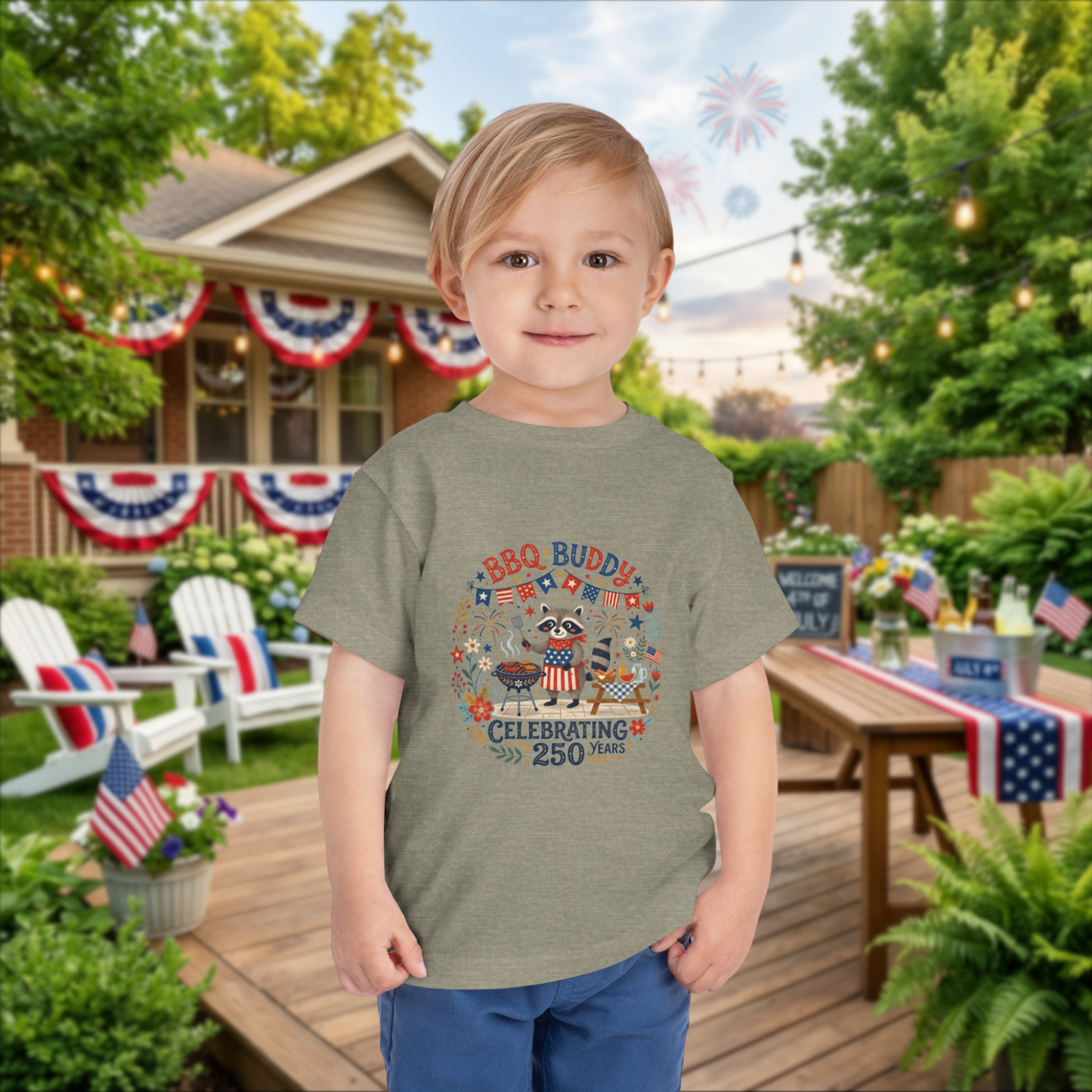 BBQ Buddy Toddler Tee - Celebrating 250 Years Patriotic Shirt for Kids, 4th of July Tee