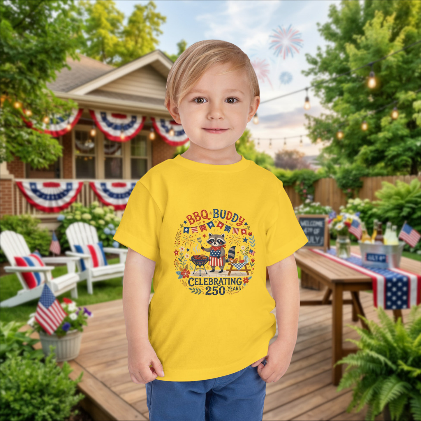 BBQ Buddy Toddler Tee - Celebrating 250 Years Patriotic Shirt for Kids, 4th of July Tee