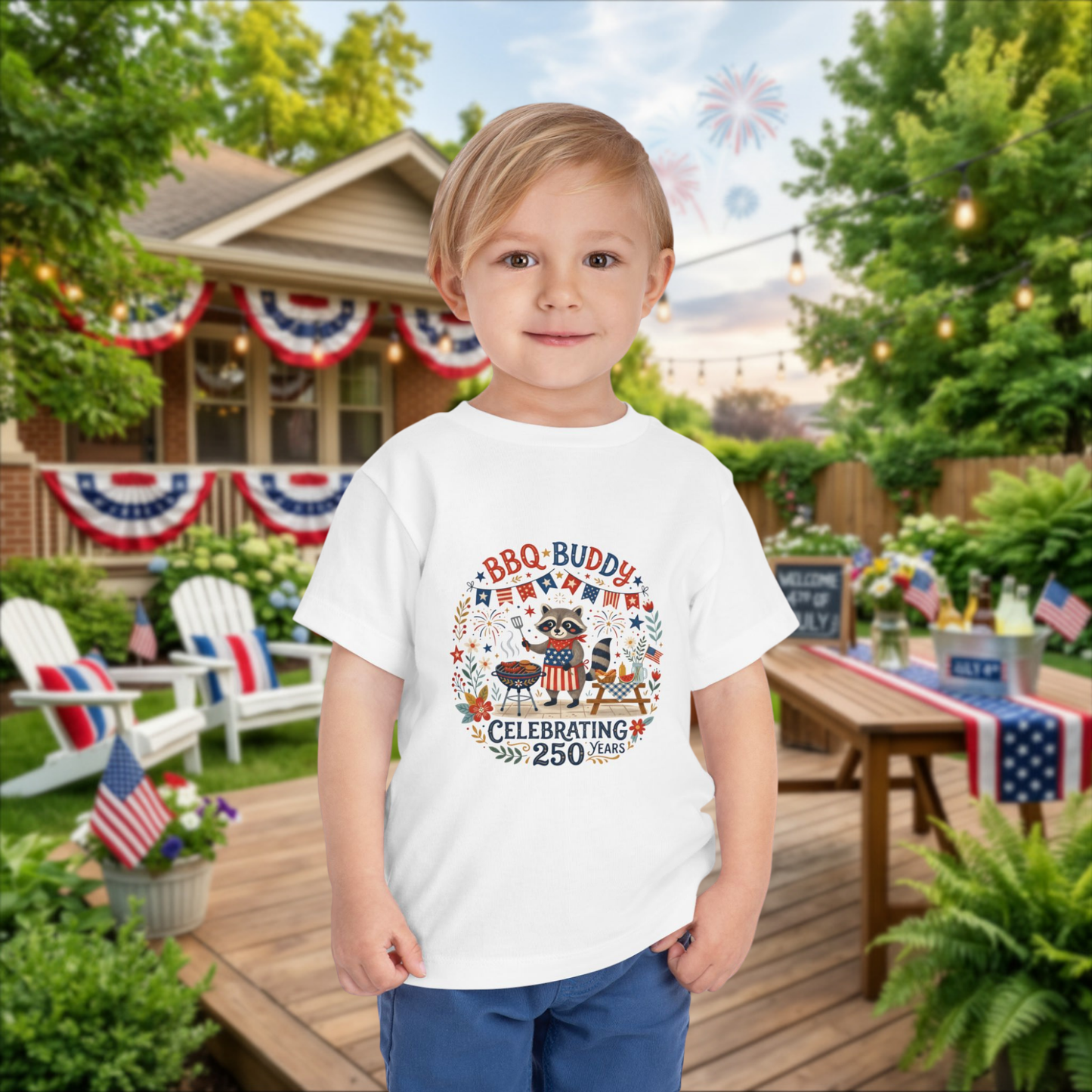 BBQ Buddy Toddler Tee - Celebrating 250 Years Patriotic Shirt for Kids, 4th of July Tee