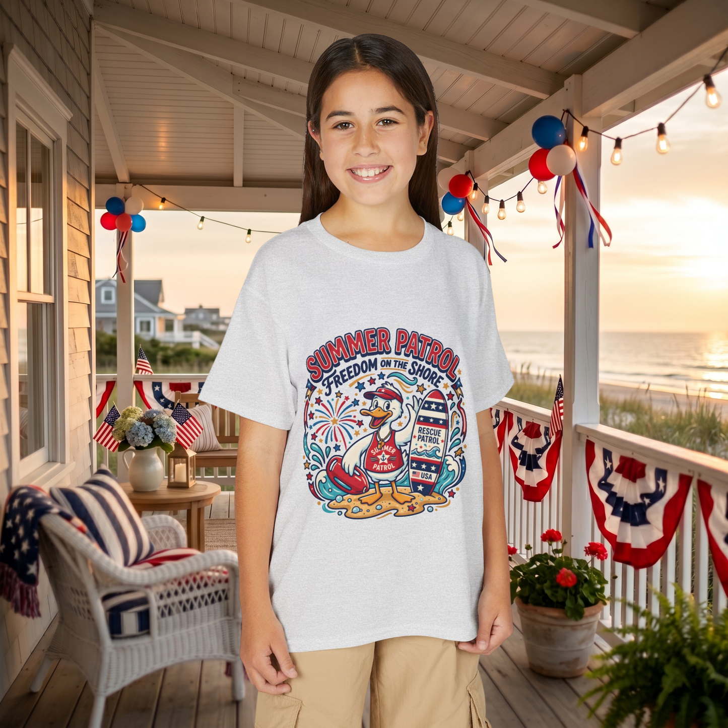 Summer Patrol Kids T‑Shirt — Lifeguard Duck Beach Graphic, 4th of July Tee