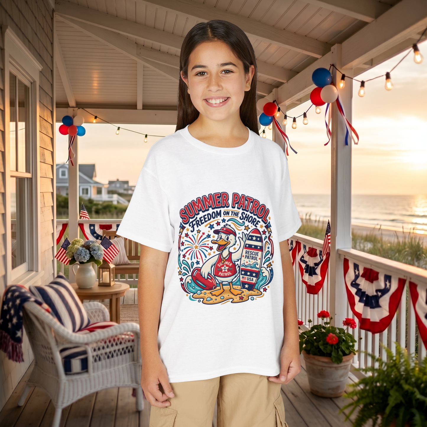 Summer Patrol Kids T‑Shirt — Lifeguard Duck Beach Graphic, 4th of July Tee