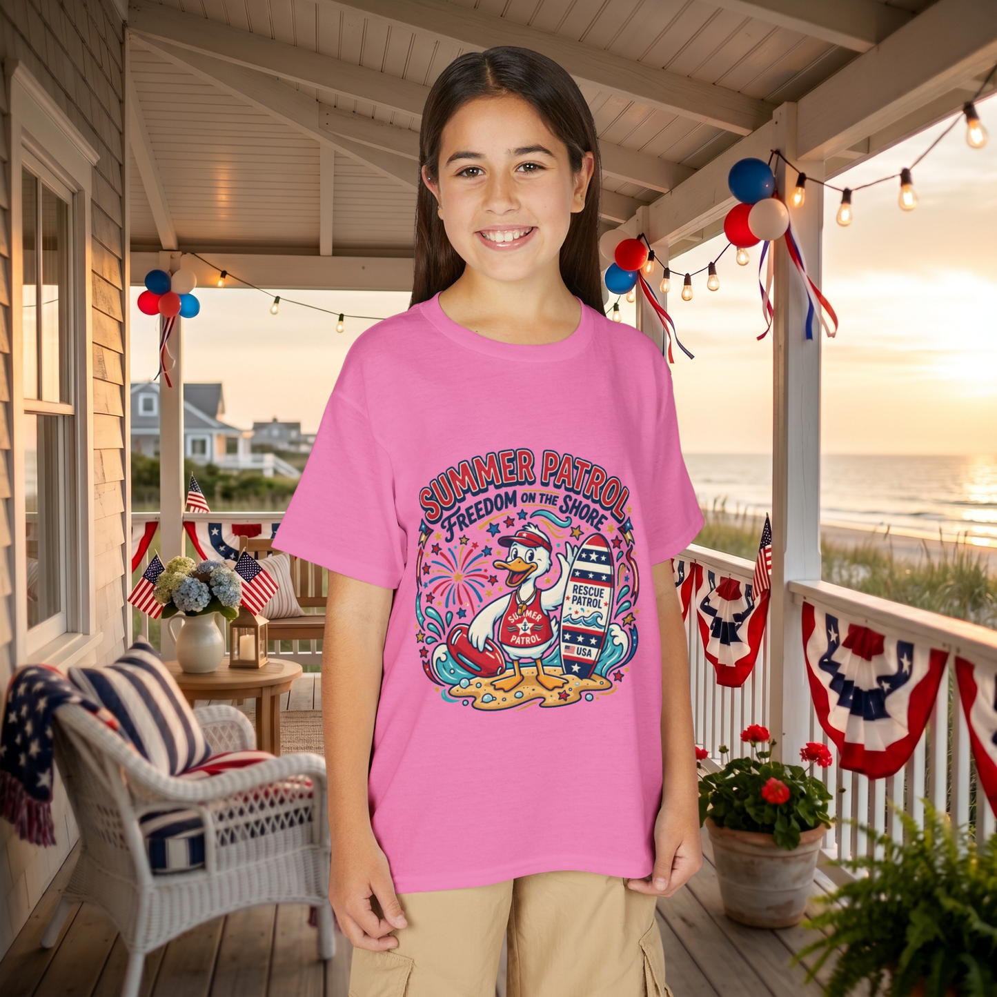 Summer Patrol Kids T‑Shirt — Lifeguard Duck Beach Graphic, 4th of July Tee