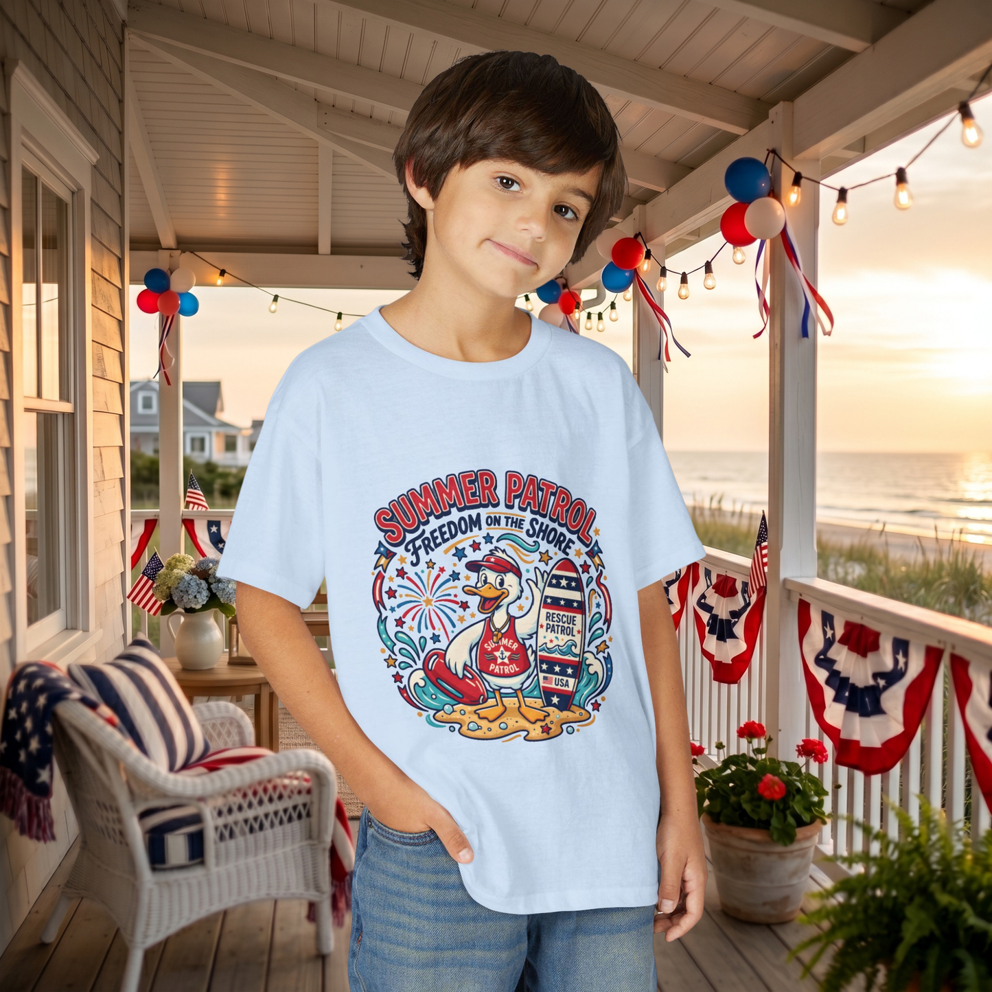 Summer Patrol Kids T‑Shirt — Lifeguard Duck Beach Graphic, 4th of July Tee
