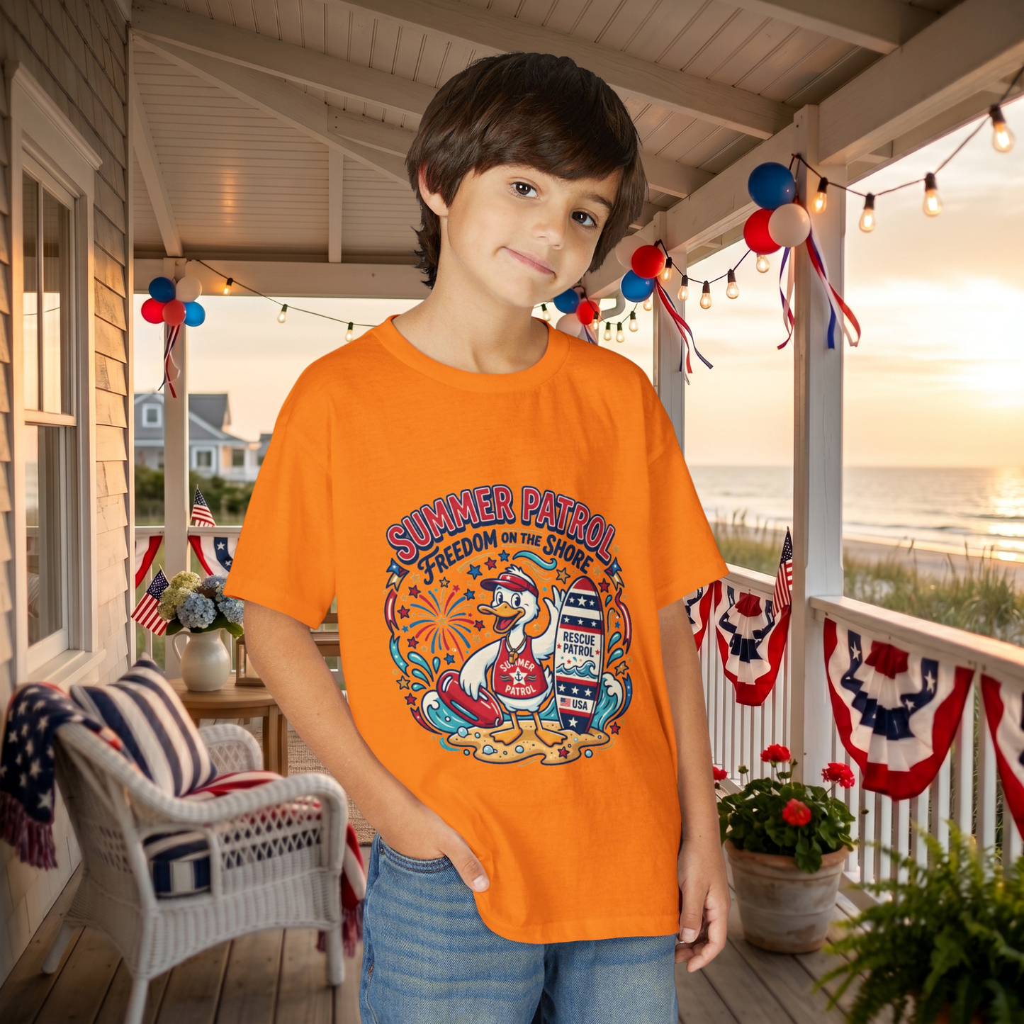 Summer Patrol Kids T‑Shirt — Lifeguard Duck Beach Graphic, 4th of July Tee