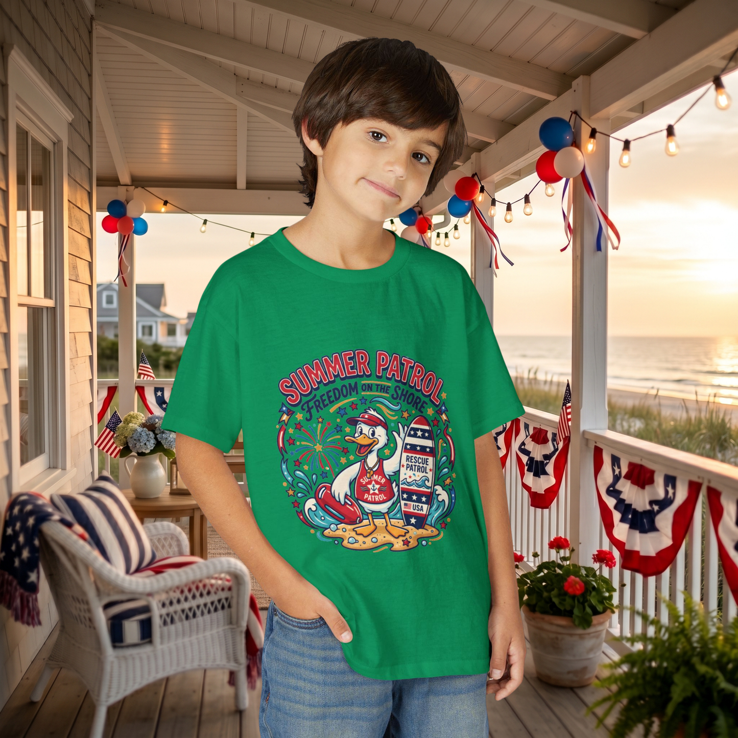 Summer Patrol Kids T‑Shirt — Lifeguard Duck Beach Graphic, 4th of July Tee