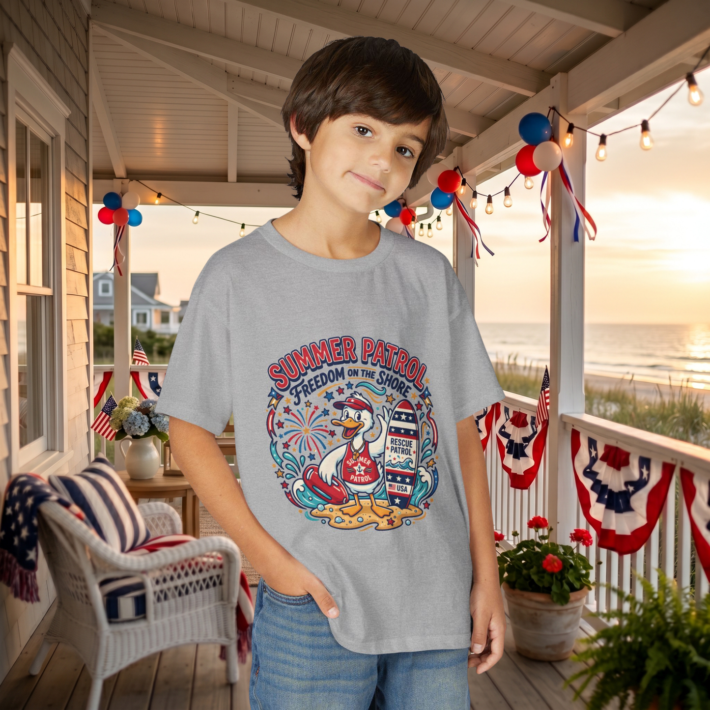 Summer Patrol Kids T‑Shirt — Lifeguard Duck Beach Graphic, 4th of July Tee