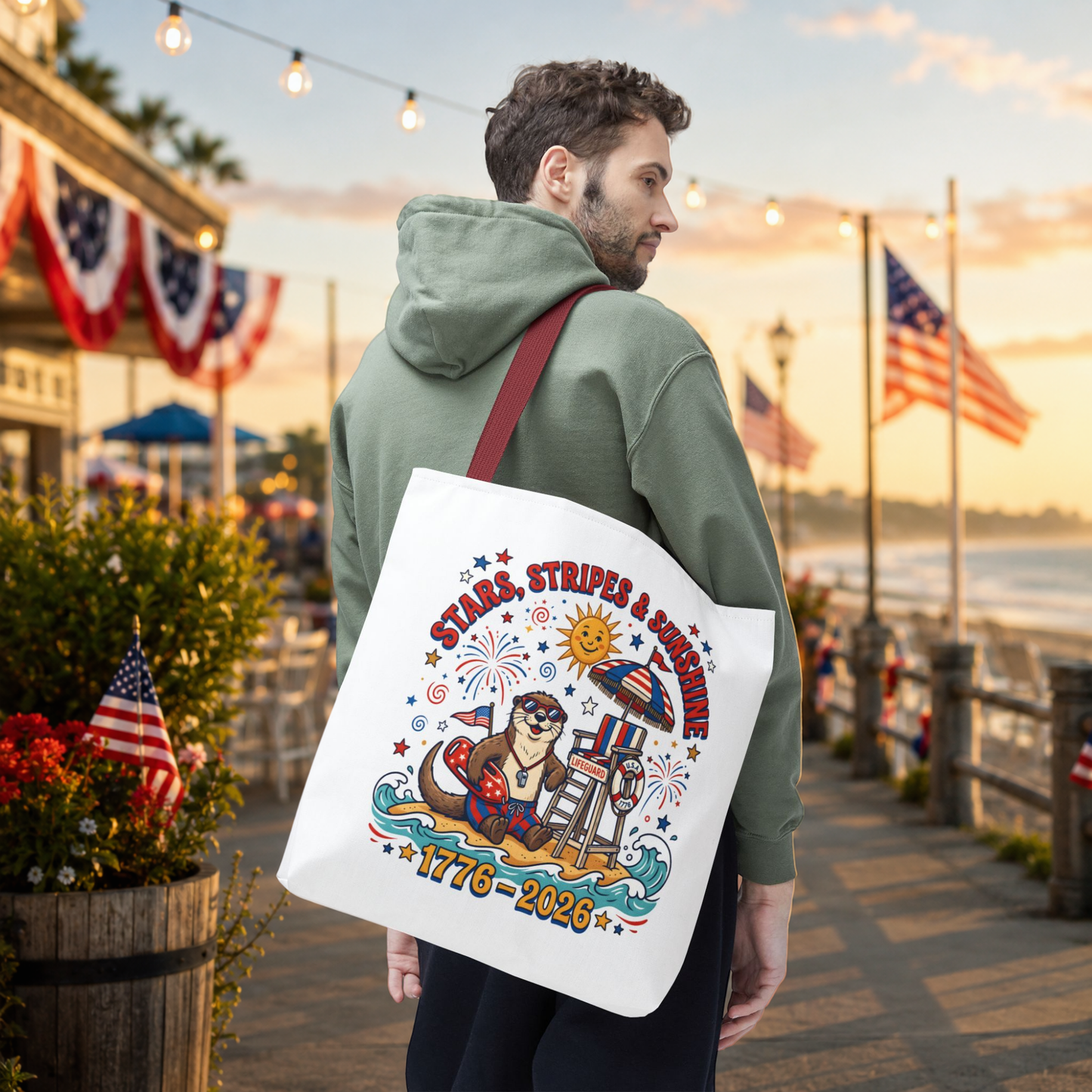 Stars, Stripes & Sunshine Tote Bag — 1776–2026 Patriotic Summer Beach Tote, 4th of July Tote