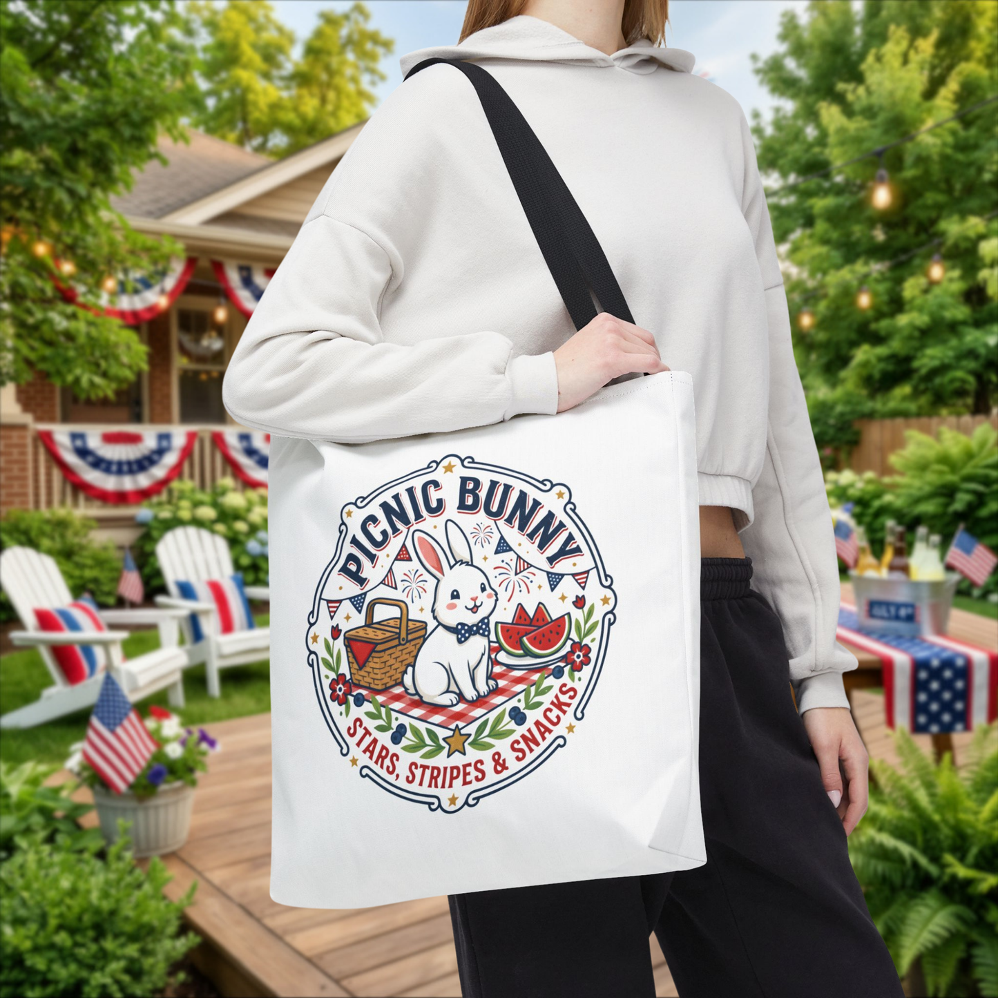 Patriotic Picnic Bunny Tote Bag — ‘Stars, Stripes & Snacks’ Cute Rabbit Picnic Tote, 4th of July Tote