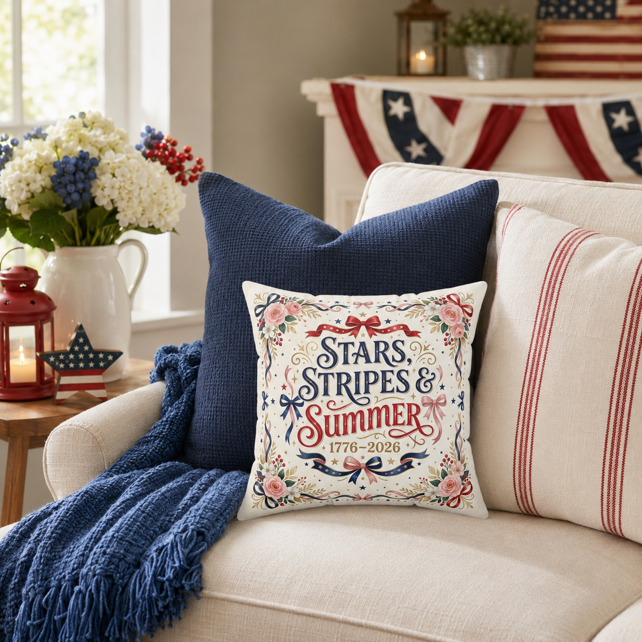 Stars, Stripes & Summer Throw Pillow — Patriotic Home Decor, 4th of July Decorative Pillow