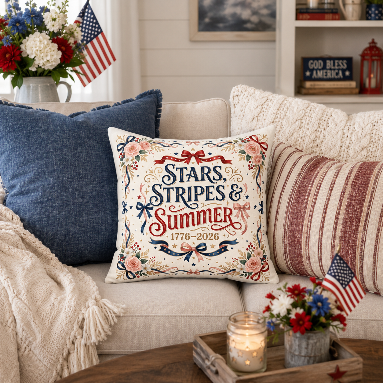 Stars, Stripes & Summer Throw Pillow — Patriotic Home Decor, 4th of July Decorative Pillow