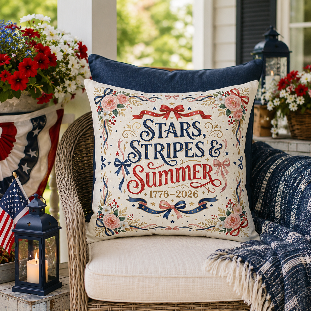 Stars, Stripes & Summer Throw Pillow — Patriotic Home Decor, 4th of July Decorative Pillow