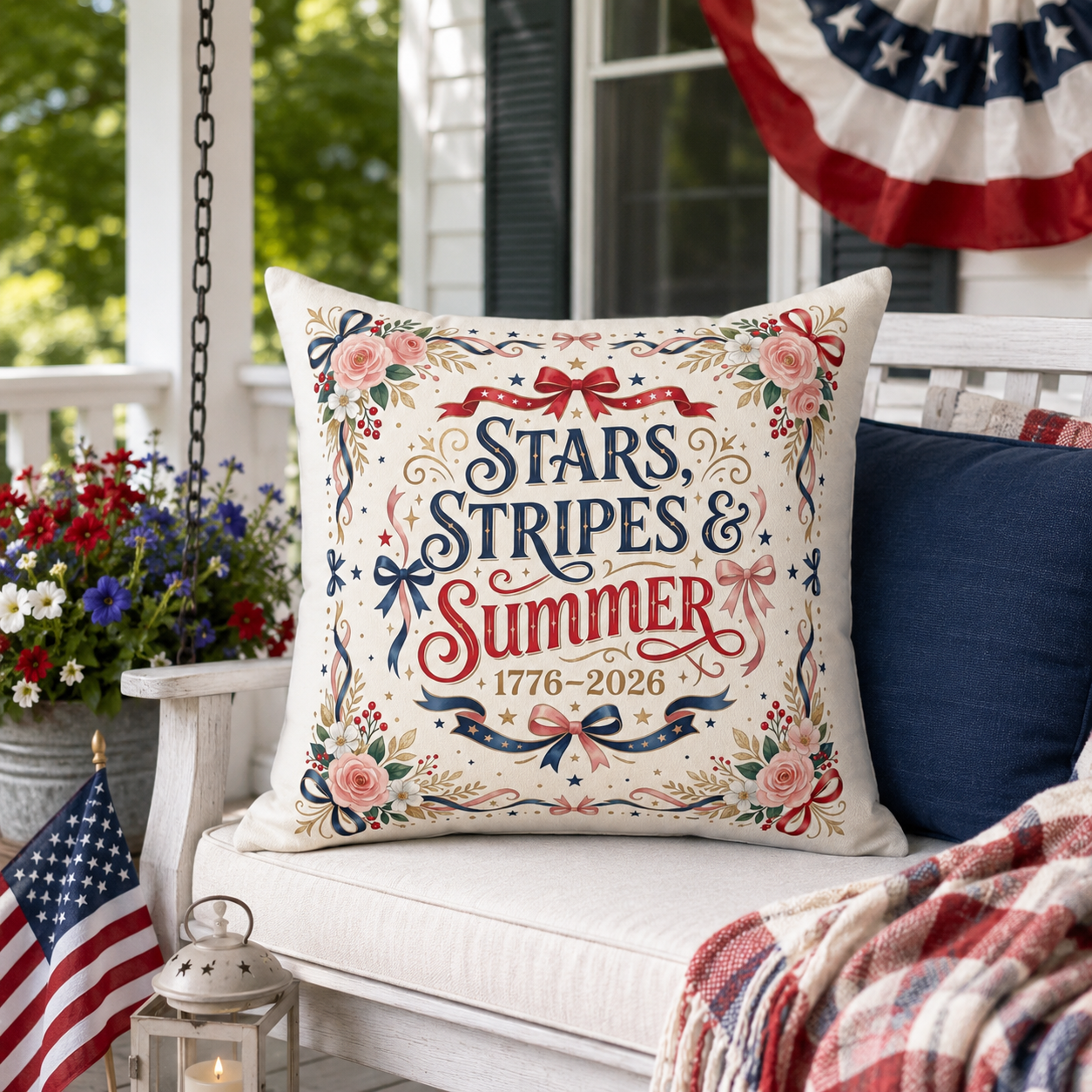 Stars, Stripes & Summer Throw Pillow — Patriotic Home Decor, 4th of July Decorative Pillow