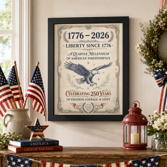 4th of July Decor, Vintage Patriotic Framed Poster — Celebrating 250 Years of American Independence