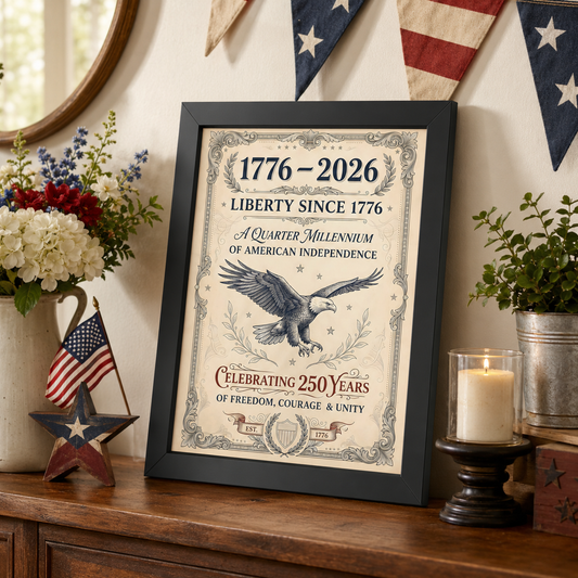 4th of July Decor, Vintage Patriotic Framed Poster — Celebrating 250 Years of American Independence