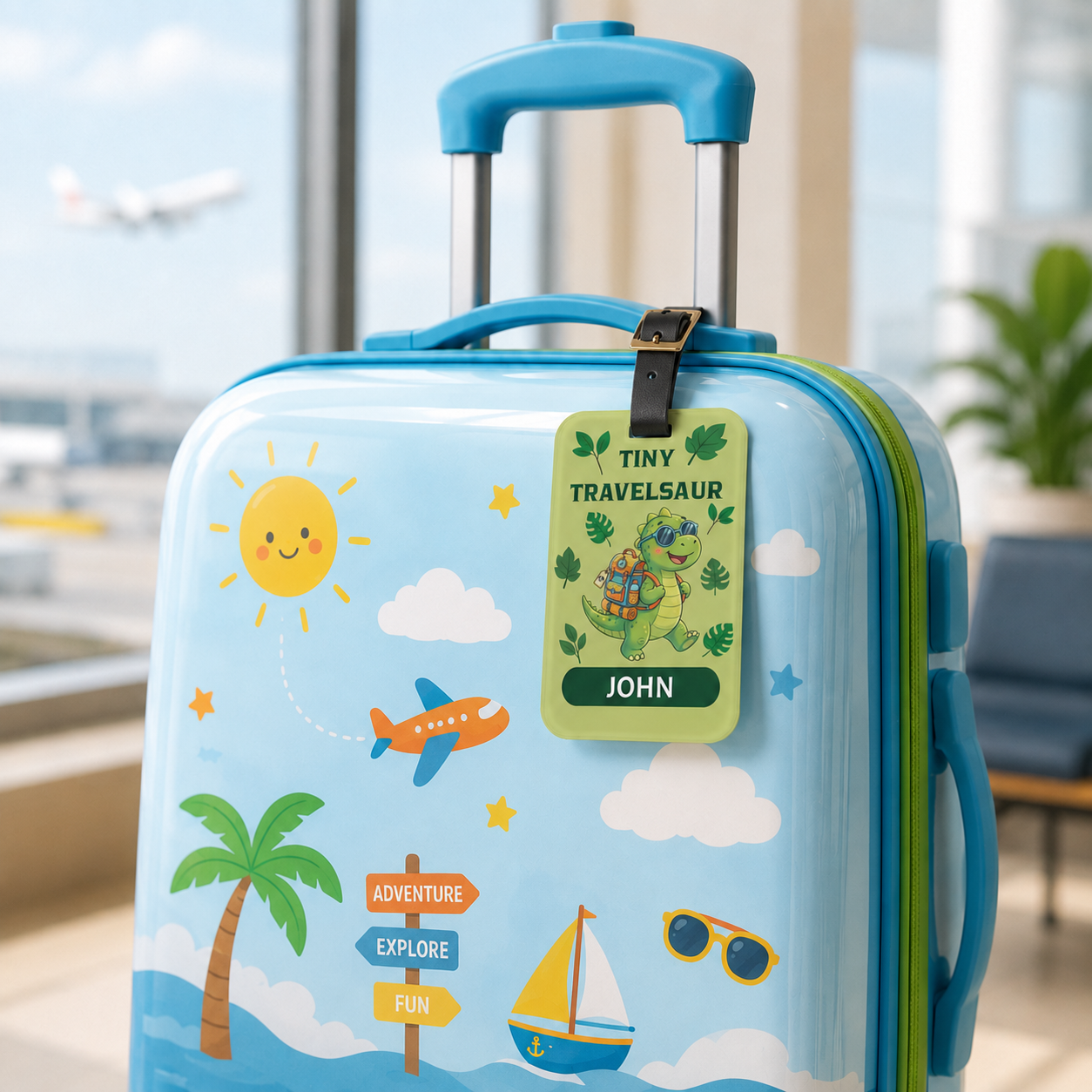 Tiny Travelsaur Luggage Tag — Personalized Kids Travel ID, Custom Travel Tag