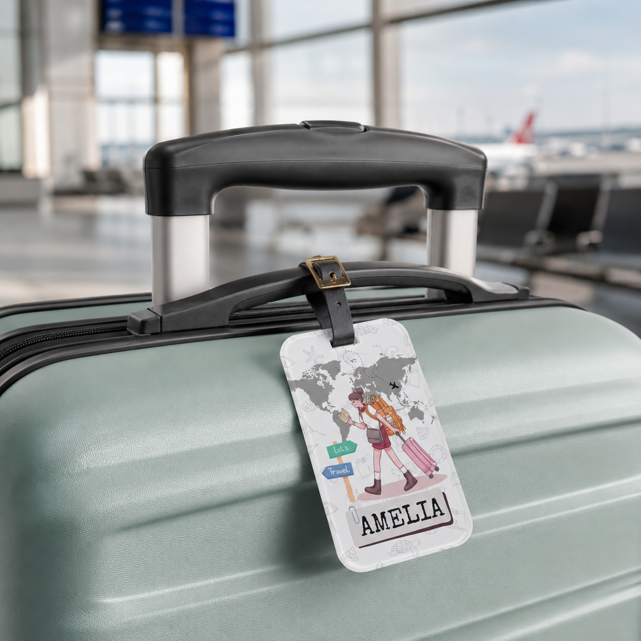 Personalized Travel Luggage Tag — Cute Female Traveler with World Map Design, Custom Name ID Tag