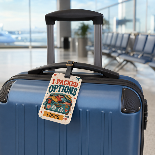 Custom Name Luggage Tag — "I Packed Options" Personalized Travel Bag Tag