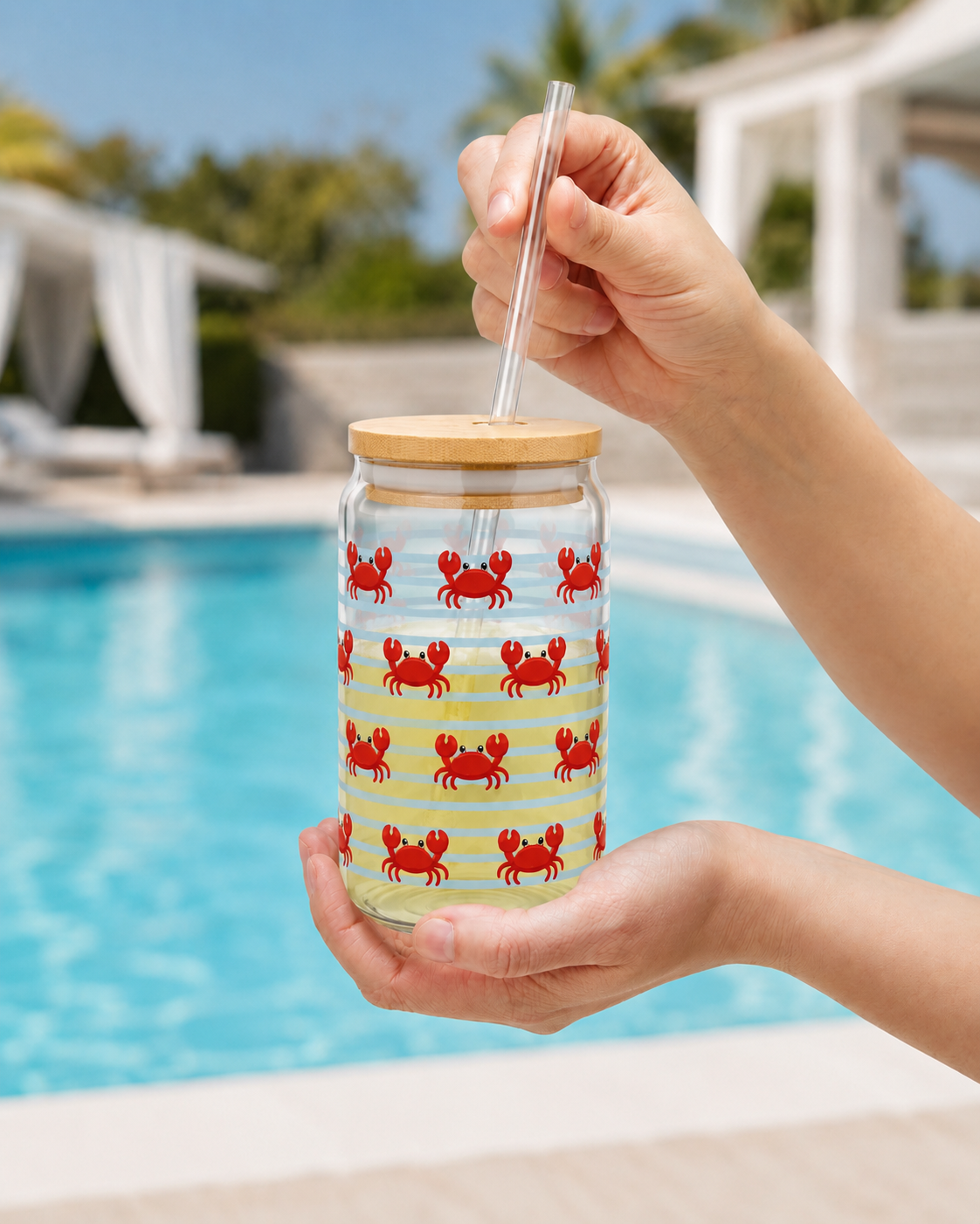 Crab Pattern 16oz Sipper Glass with Bamboo Lid & Straw — Coastal Beach Drink Tumbler