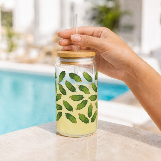 16oz Pickle Pattern Sipper Glass with Bamboo Lid