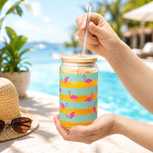 Flamingo Stripe Sipper Glass - 16oz Reusable Summer Straw Cup