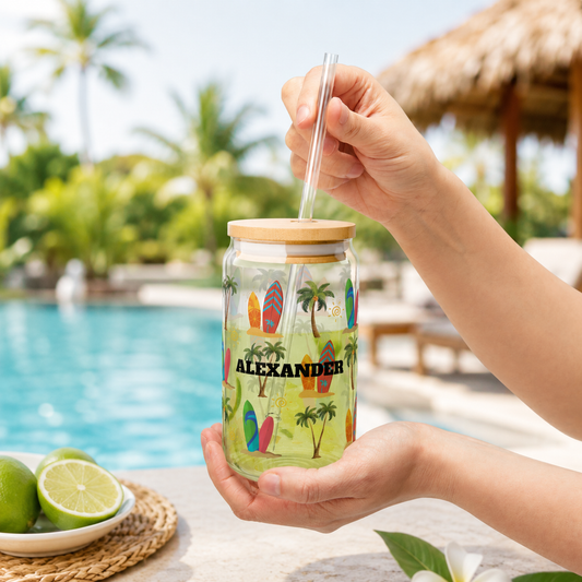 Personalized Surfboard Palm Sipper Glass – 16oz Tropical Beach Tumbler with Straw