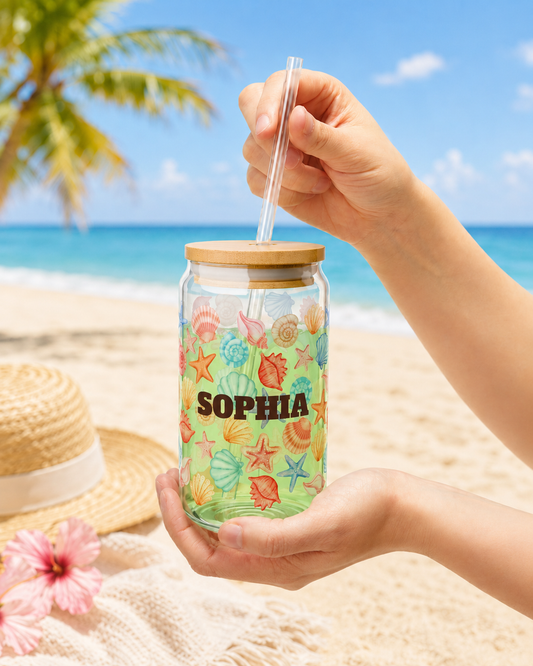 Personalized Seashell Sipper Glass - 16oz Beach Drink Tumbler with Straw (Custom Name)