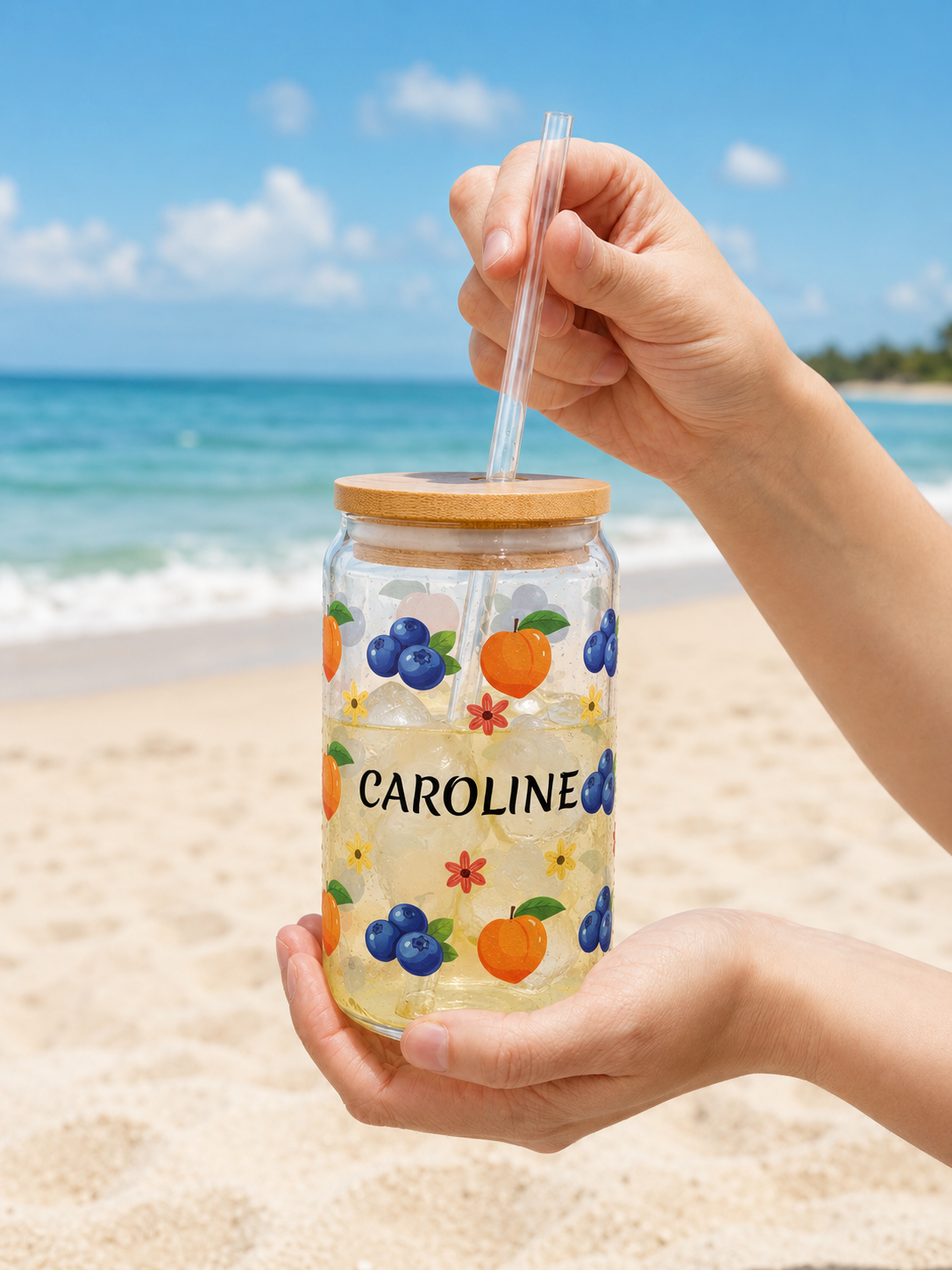 Personalized Fruit Pattern Sipper Glass - 16oz Custom Name Juice Cup
