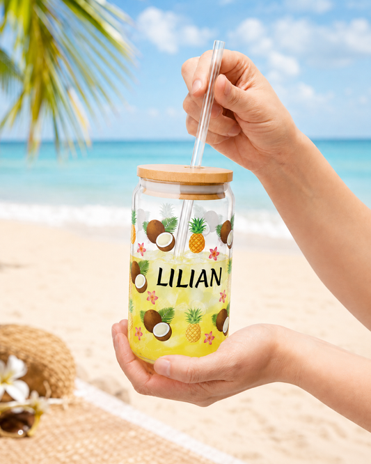 Personalized Tropical Sipper Glass — 16oz Pineapple & Coconut Straw Tumbler