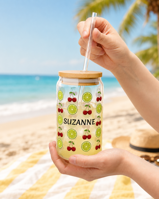 Personalized Cherry Lime Sipper Glass — 16oz Fruit Patterned Straw Cup, Custom Name Tumbler